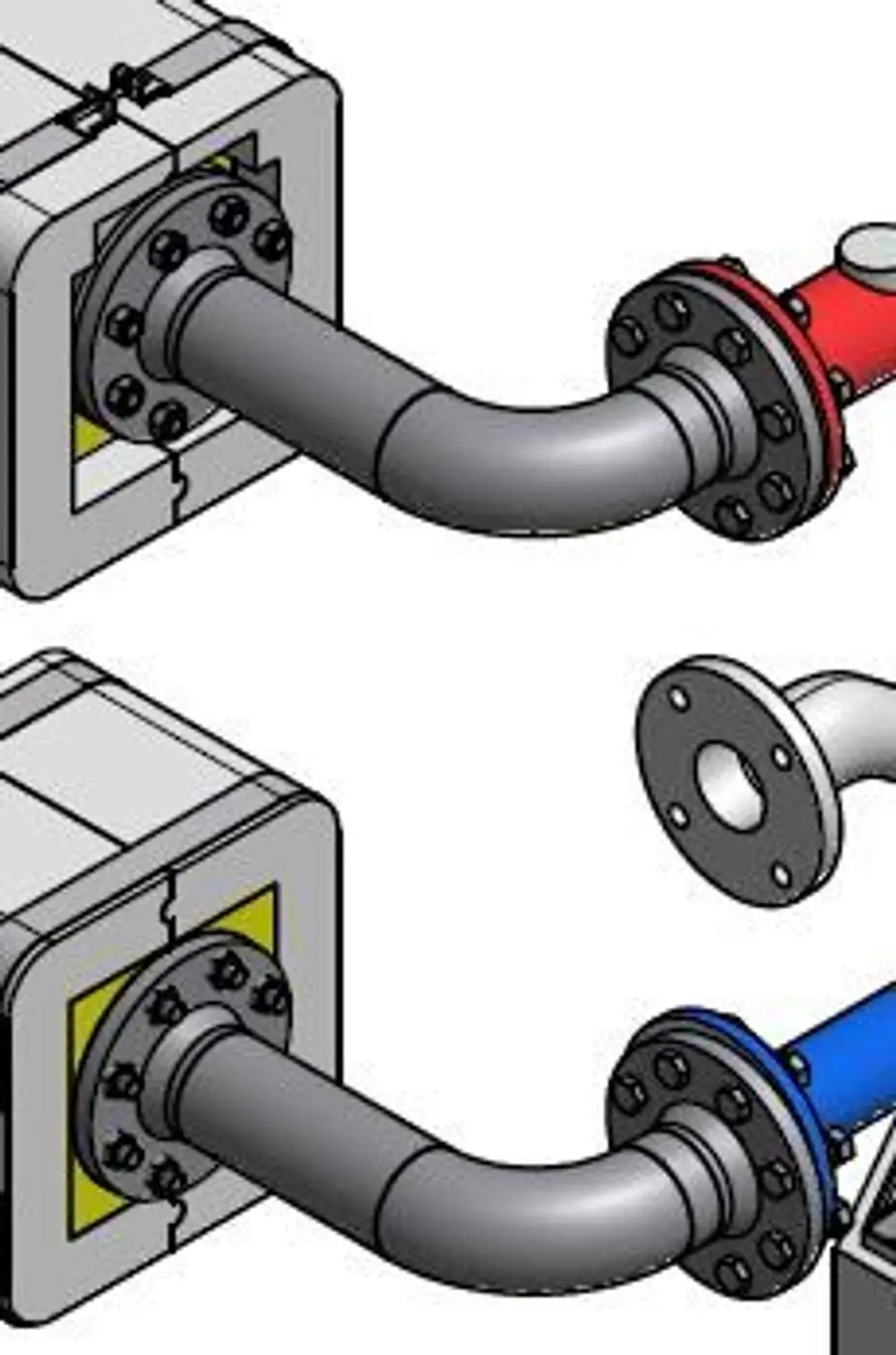 Bogenset mit Isolierung und zwei Anschlussrohren, eines in Rot und eines in Blau, verbunden mit einem Rechteckgehäuse, möglicherweise für hydraulische Anwendungen von Remeha.